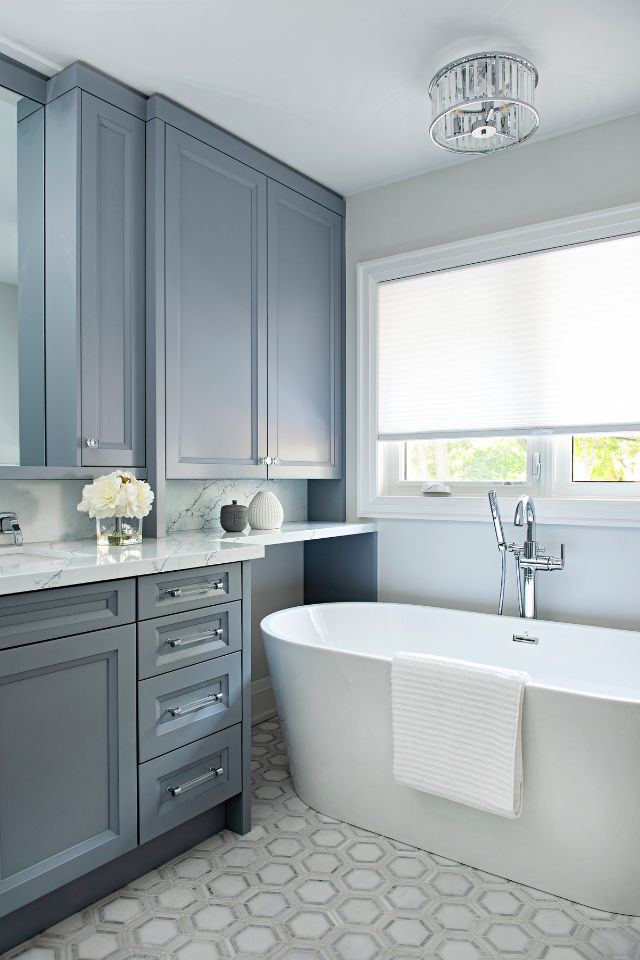 monochromatic blue and gray bathroom | Design by EVELYN ESHUN